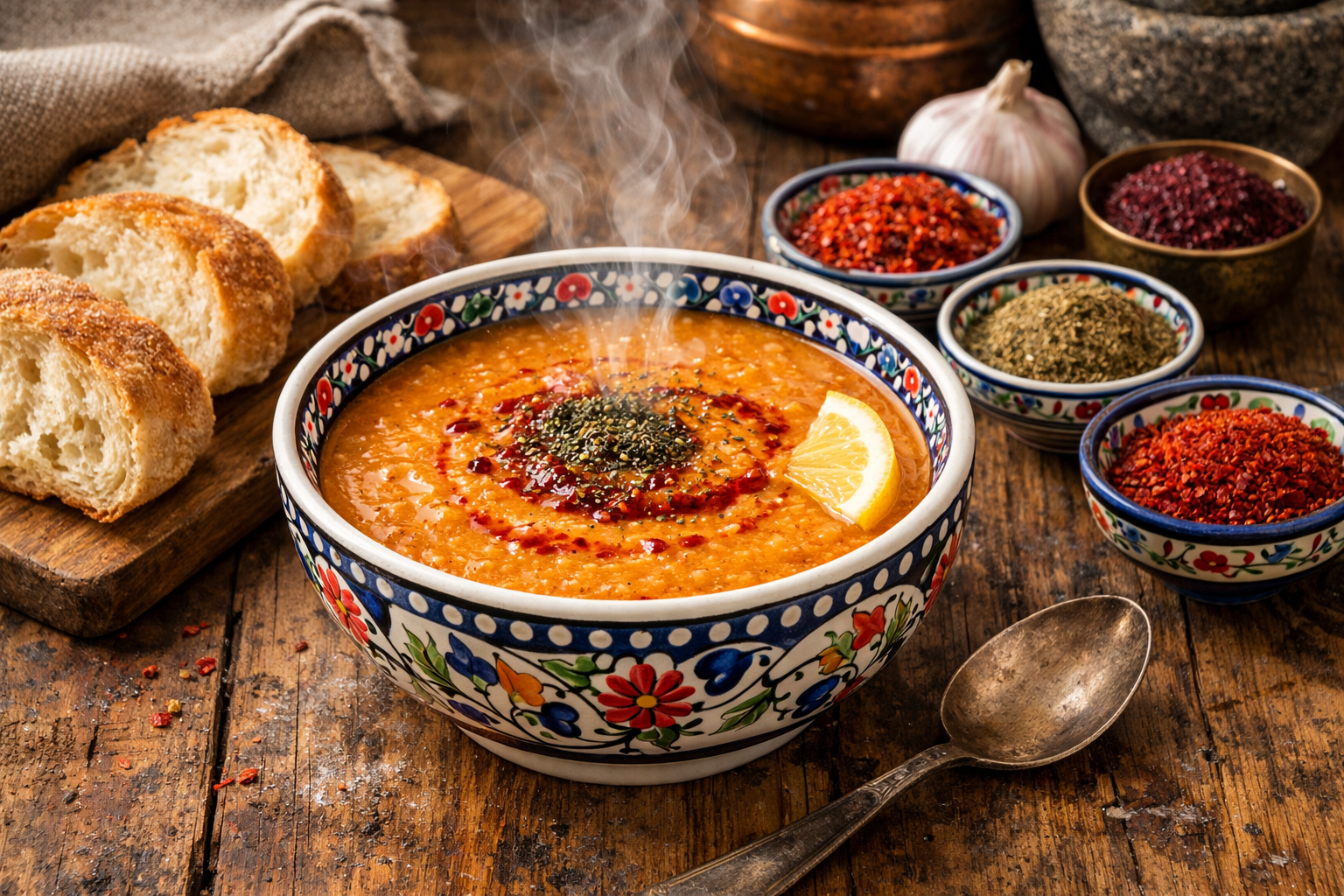 Geleneksel Türk çorba kasesi, yanında ekmek ve baharatlar