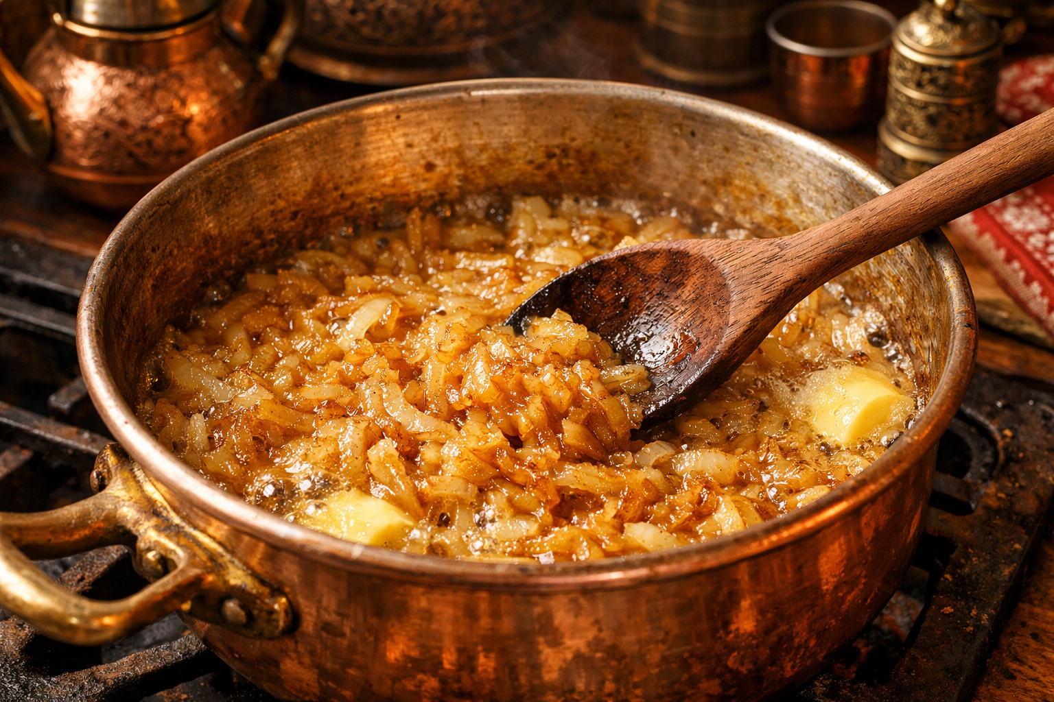 Bakır tencerede soğan kavurma aşaması