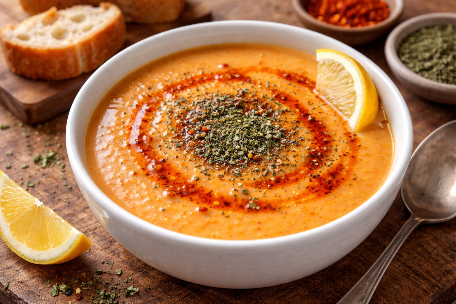 Kırmızı mercimek çorbası, üzerinde pul biber ve nane