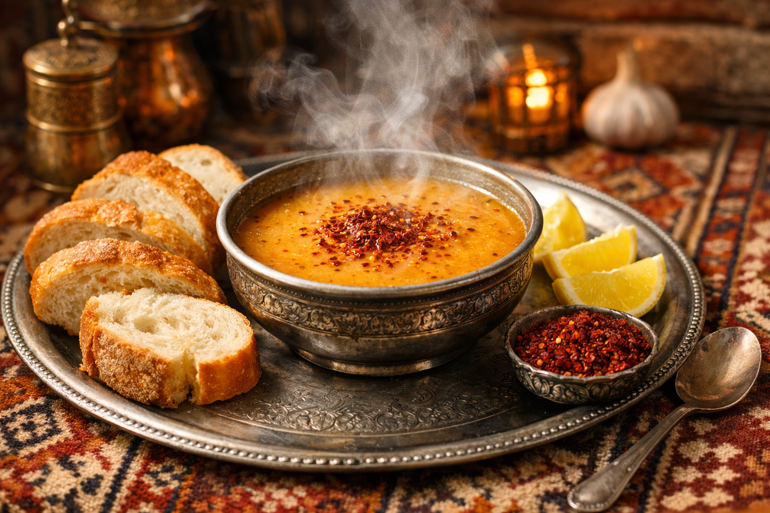 Çorba servisi, yanında taze ekmek dilimleri